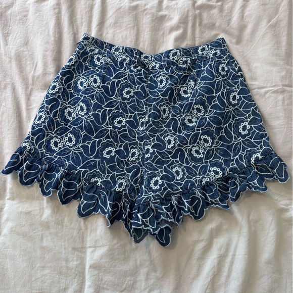 Anthropologie Blue Floral Denim Lace-Trim Shorts - Picture 4 of 6